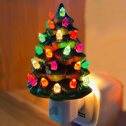 Ceramic Christmas Tree Night Light – Vintage Green Hand Painted Plug-In Décor