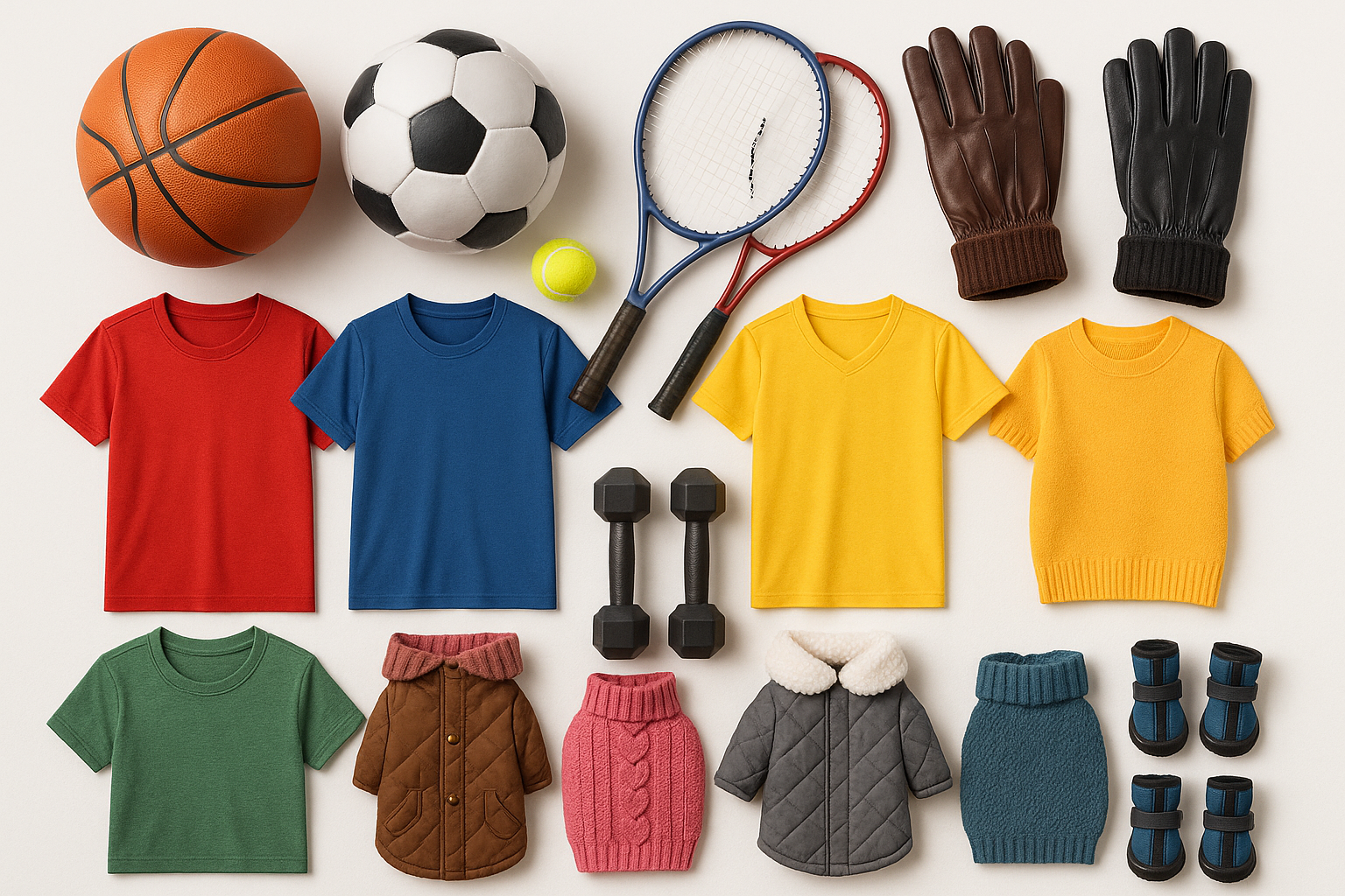 different sports gears and t-shirts, and winter leather warm gloves, pets winter clothes